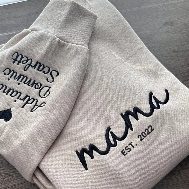 Custom Embroidered Mama Sweatshirt with Kids Names on Sleeve Mother's Day Gift for Mom Grandma