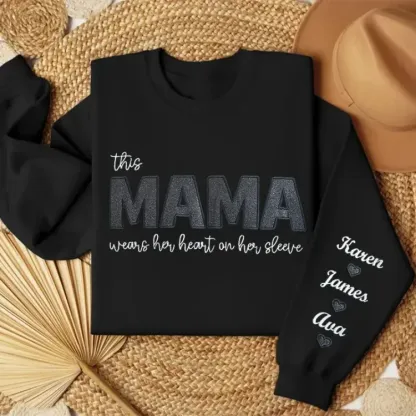 MAMA Wears Her Heart on Her Sleeves Custom Embroidered Glitter Vinyl MAMA Sweatshirt Mother's Day Gift