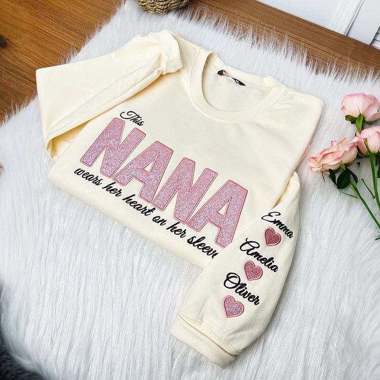 MAMA Wears Her Heart on Her Sleeves Custom Embroidered Glitter Vinyl MAMA Sweatshirt Mother's Day Gift