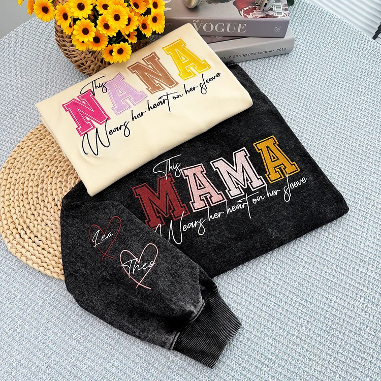 This Grandma Wears Her Heart on Her Sleeves Custom Embroidered Grandma Sweatshirt Mother's Day Gift