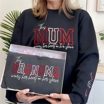 This Grandma Wears Her Heart on Her Sleeves Custom Embroidered Grandma Sweatshirt Mother's Day Gift