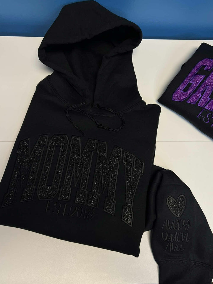 Custom Embroidered Glitter Vinyl MOMMY Sweatshirt with Kid's Names Mother's Day Gift