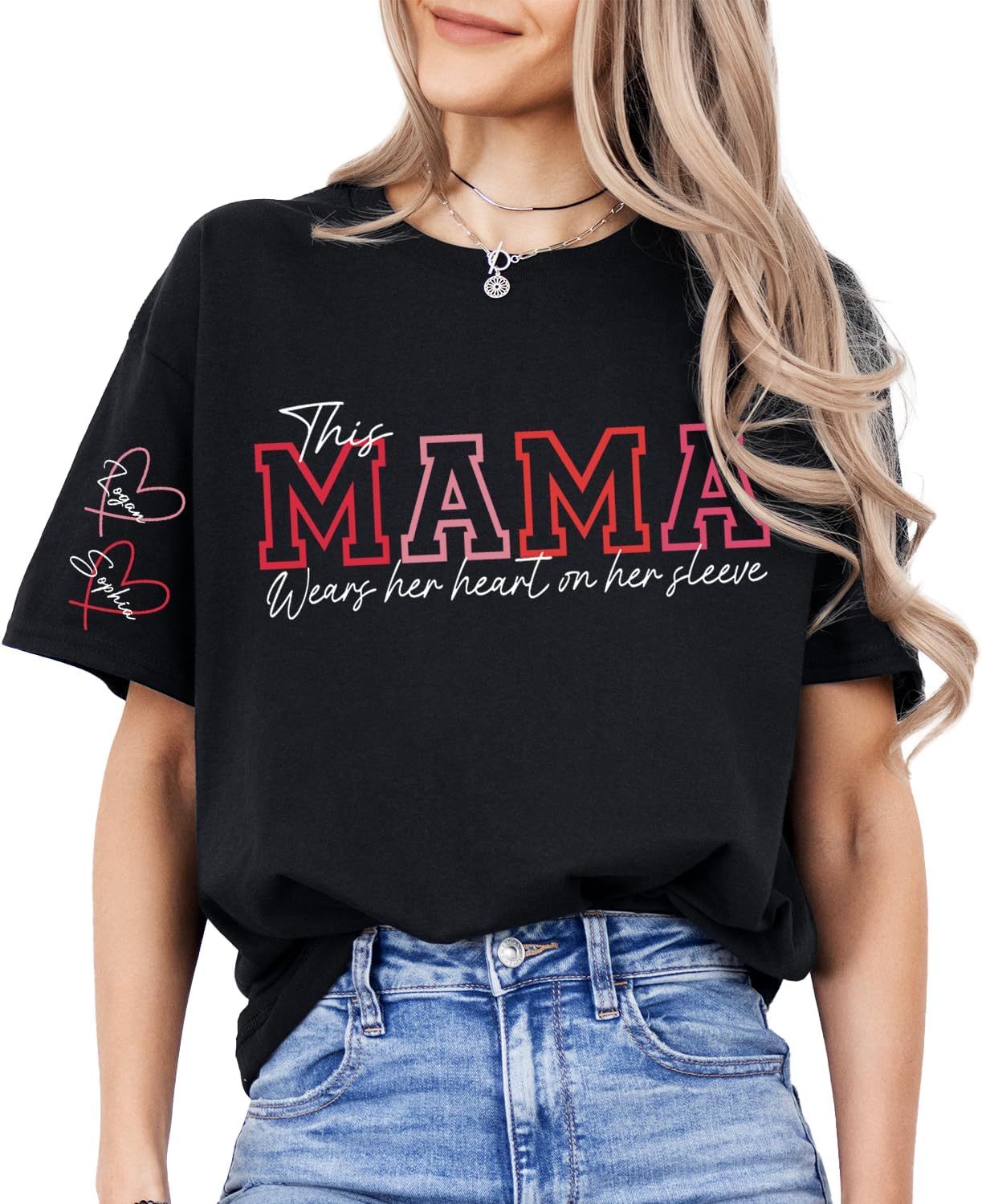 This MAMA Wears Her Heart on Her Sleeves Custom Embroidered MOM Sweatshirt with Kids’ Names Mother's Day Gift