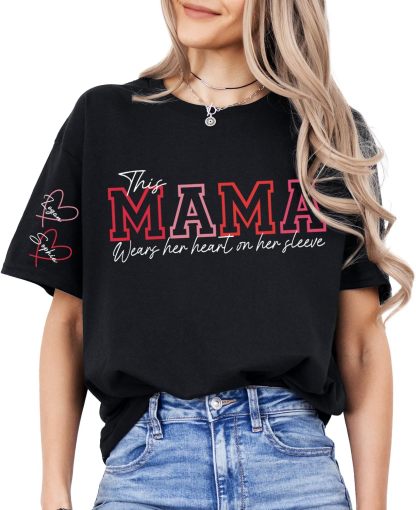 This MAMA Wears Her Heart on Her Sleeves Custom Embroidered MOM Sweatshirt with Kids’ Names Mother's Day Gift