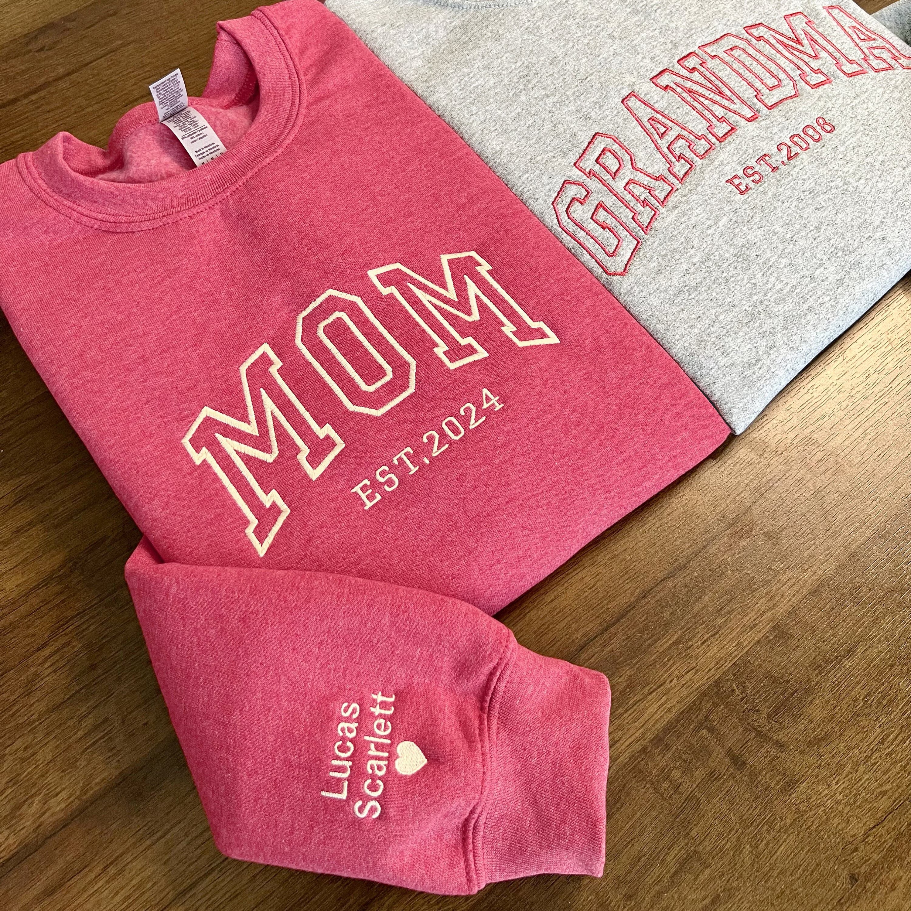Custom Embroidered Mama EST Sweatshirt Hoodie with Kids Names on Sleeve Mother's Day Gift for Mom Grandma