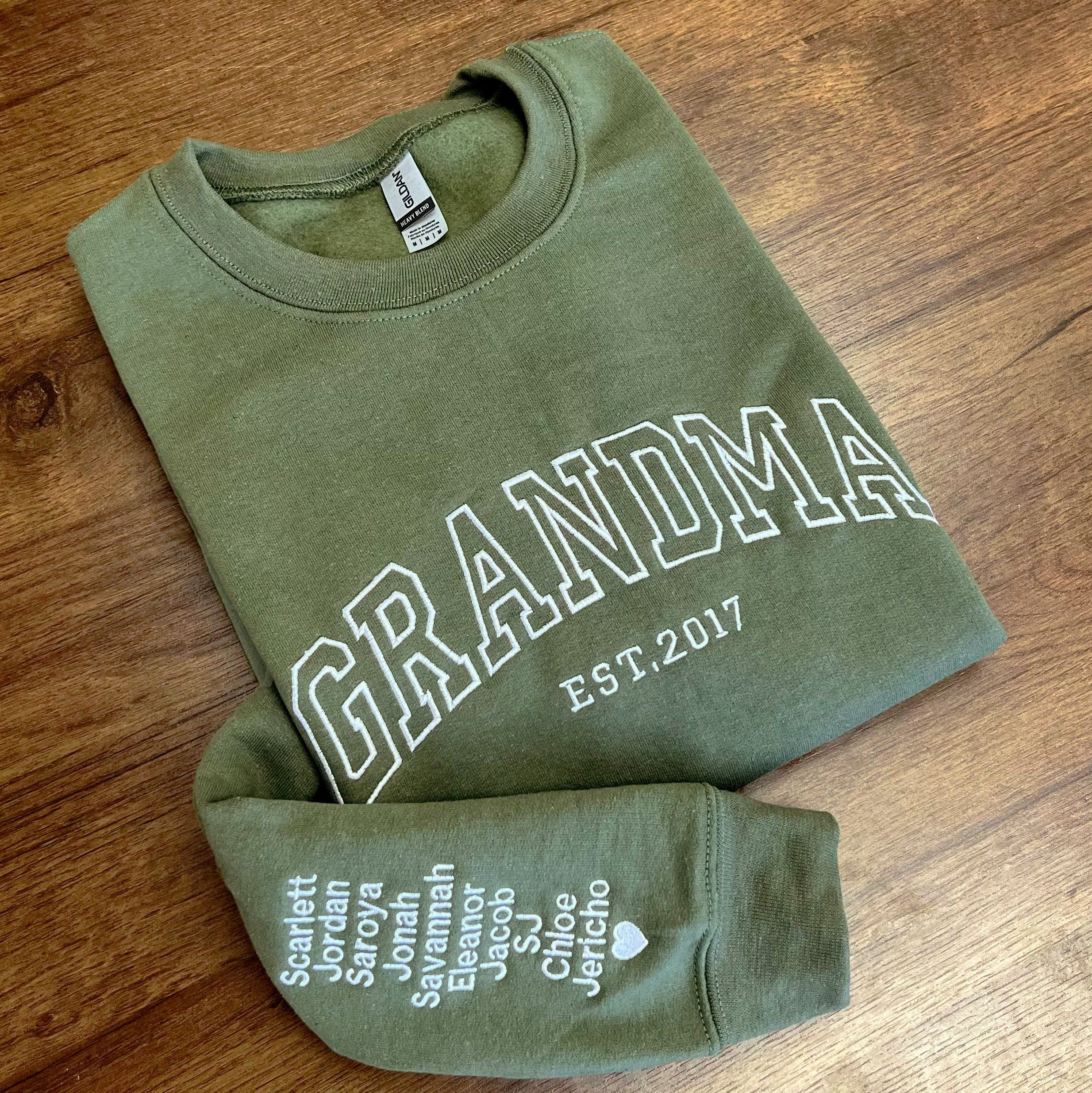 Custom Embroidered Mama EST Sweatshirt Hoodie with Kids Names on Sleeve Mother's Day Gift for Mom Grandma
