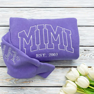 Custom Embroidered Mama EST Sweatshirt Hoodie with Kids Names on Sleeve Mother's Day Gift for Mom Grandma