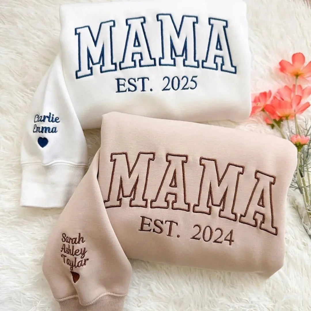 Custom Embroidered Mama EST Sweatshirt Hoodie with Kids Names on Sleeve Mother's Day Gift for Mom Grandma