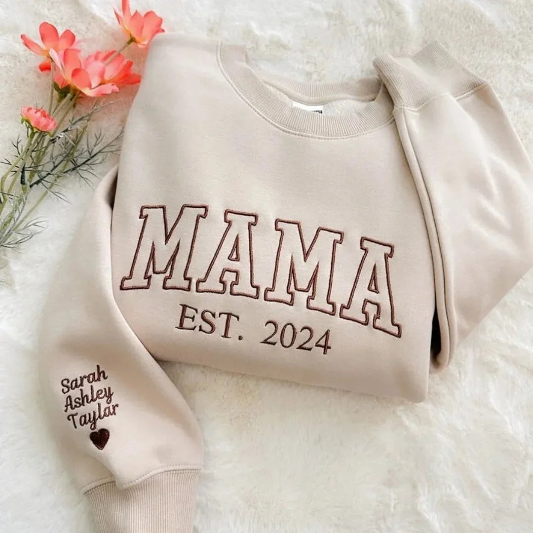 Custom Embroidered Mama EST Sweatshirt Hoodie with Kids Names on Sleeve Mother's Day Gift for Mom Grandma