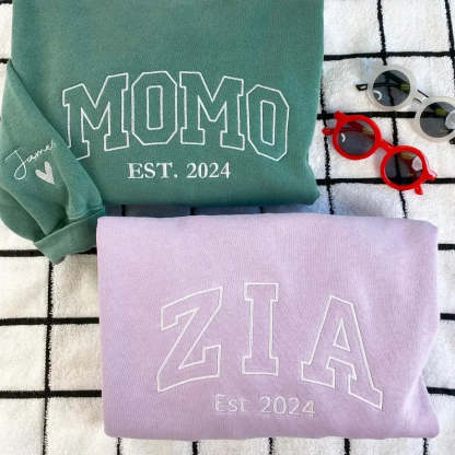 Custom Embroidered Mama EST Sweatshirt Hoodie with Kids Names on Sleeve Mother's Day Gift for Mom Grandma
