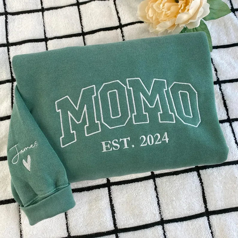 Custom Embroidered Mama EST Sweatshirt Hoodie with Kids Names on Sleeve Mother's Day Gift for Mom Grandma