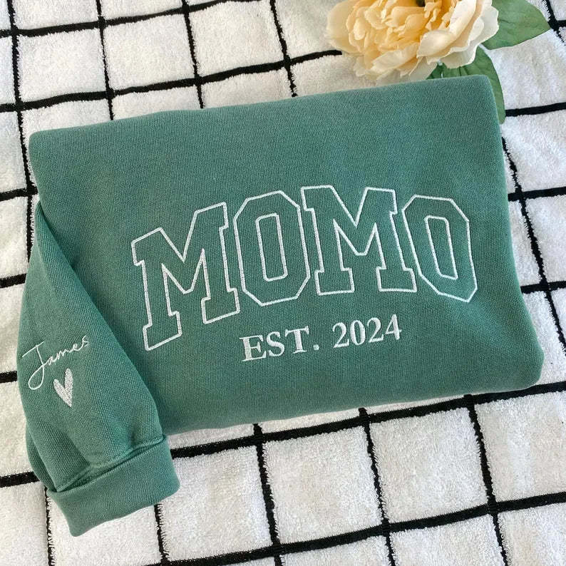 Custom Embroidered Mama EST Sweatshirt Hoodie with Kids Names on Sleeve Mother's Day Gift for Mom Grandma