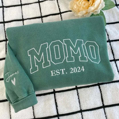 Custom Embroidered Mama EST Sweatshirt Hoodie with Kids Names on Sleeve Mother's Day Gift for Mom Grandma