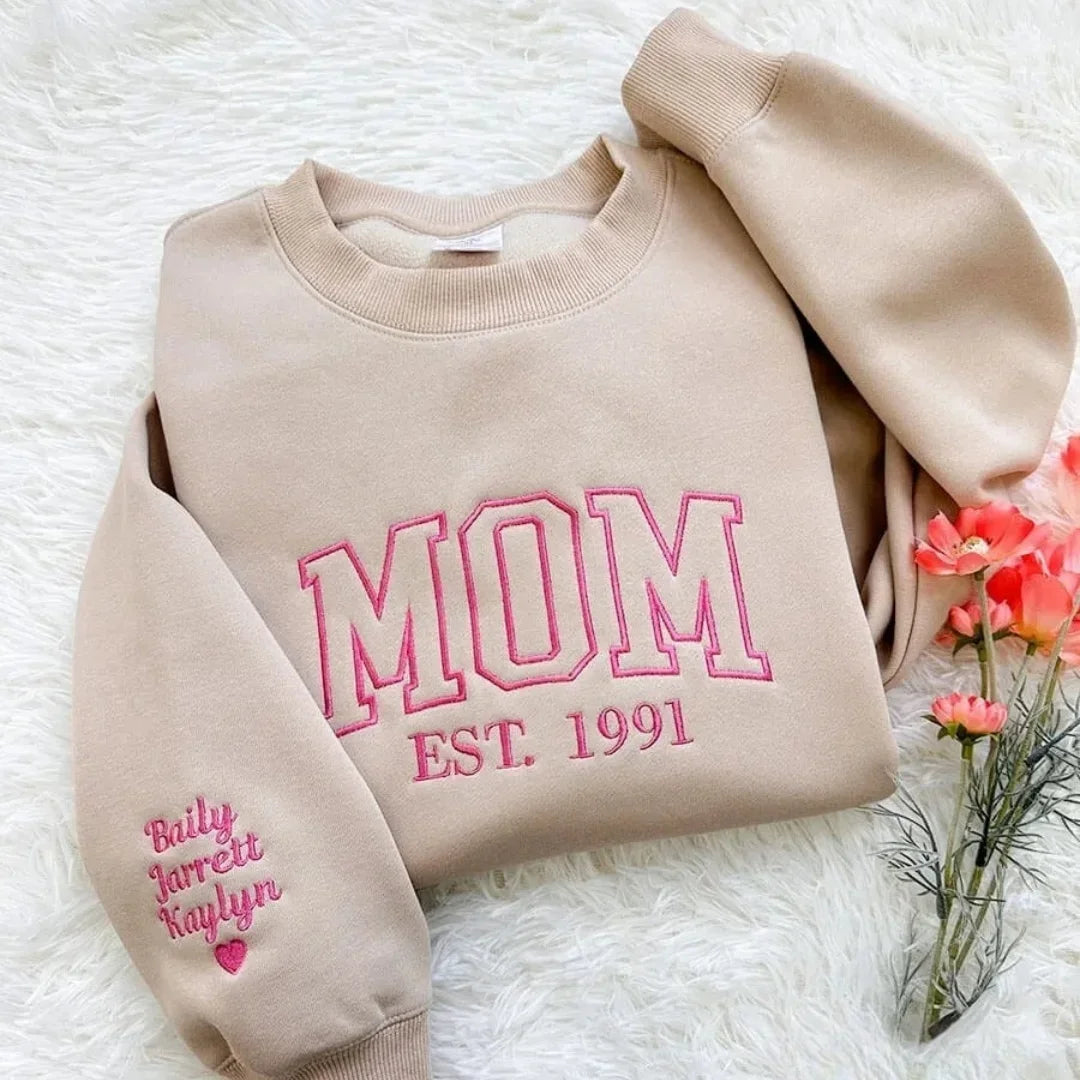Custom Embroidered Mama EST Sweatshirt Hoodie with Kids Names on Sleeve Mother's Day Gift for Mom Grandma