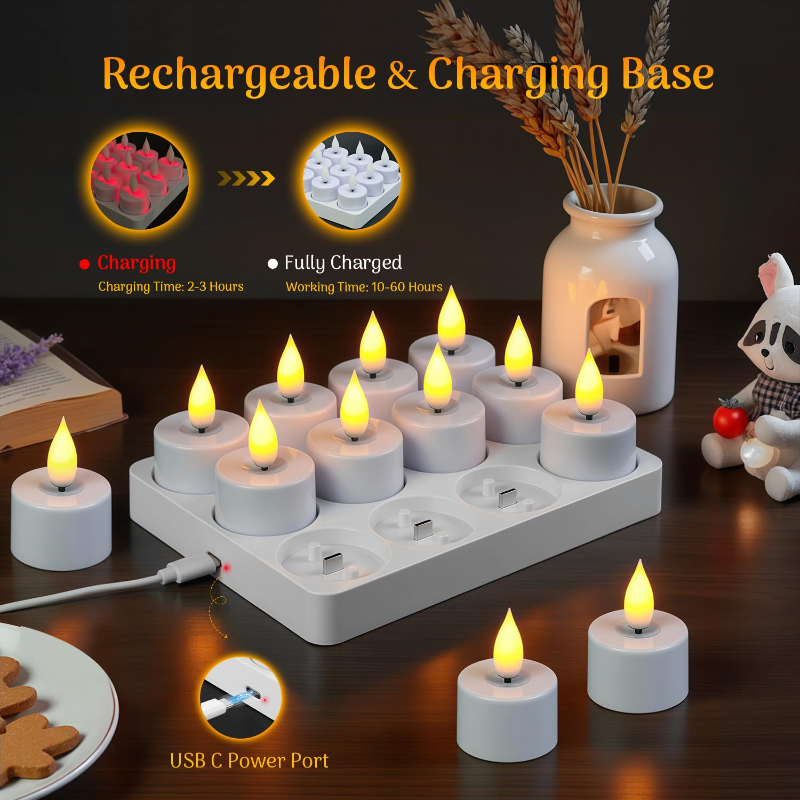🕯12 Pack Rechargeable Flickering LED Tealight Candles with Charging Base, Remote & Timer | Safe Flameless Lights for Halloween Party Home Decor🕯️	