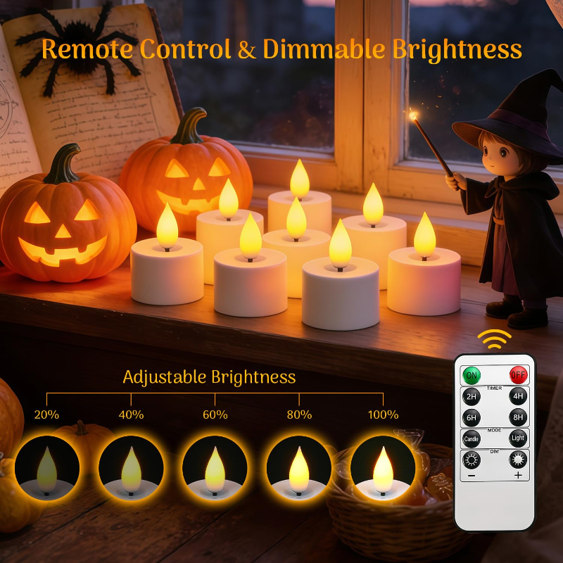 🕯12 Pack Rechargeable Flickering LED Tealight Candles with Charging Base, Remote & Timer | Safe Flameless Lights for Halloween Party Home Decor🕯️	
