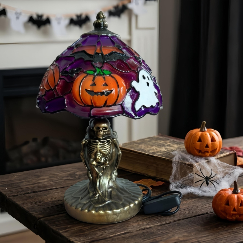 👻Halloween Stained‑Glass Style Table Lamp, USB Powered Pumpkin & Skeleton Desk Light, 4 Designs Available