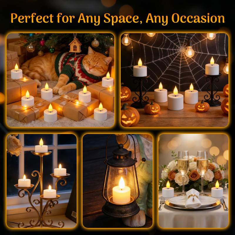 🕯12 Pack Rechargeable Flickering LED Tealight Candles with Charging Base, Remote & Timer | Safe Flameless Lights for Halloween Party Home Decor🕯️	