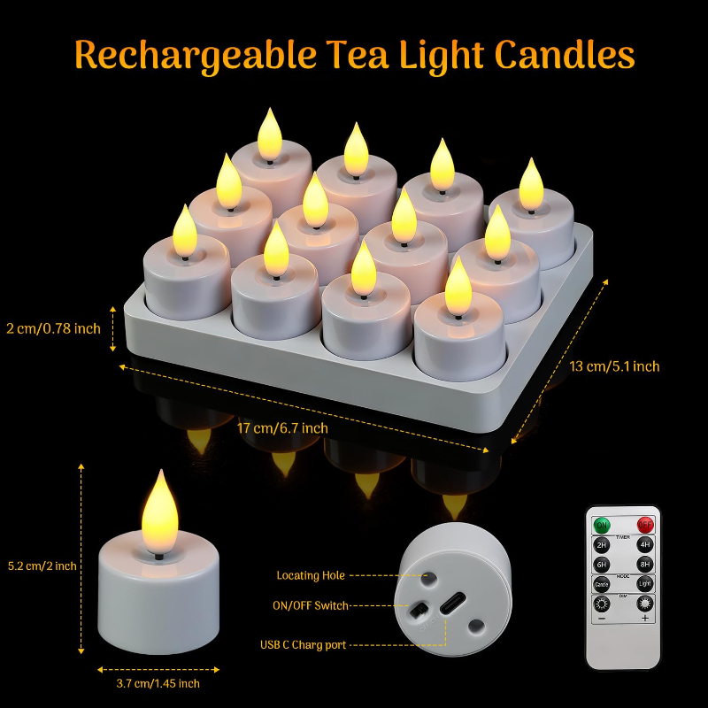 🕯12 Pack Rechargeable Flickering LED Tealight Candles with Charging Base, Remote & Timer | Safe Flameless Lights for Halloween Party Home Decor🕯️	