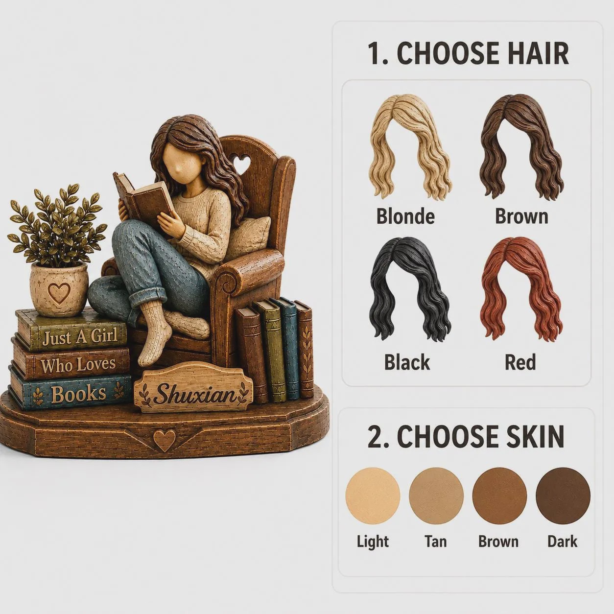 Personalized Book Lover Figurine Custom Name Reading Girl Statue Unique Gift for Readers Bookworms & Book Lovers