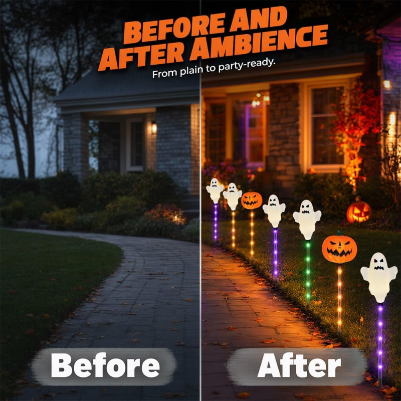 🔥Bestseller🔥 ｜ 6 Pack Solar Halloween Garden Stake Lights👻 8 Modes Pumpkin Ghost Witch Hat Lantern, Waterproof Solar Pathway Lights for Yard Lawn Porch Halloween Outdoor Decor