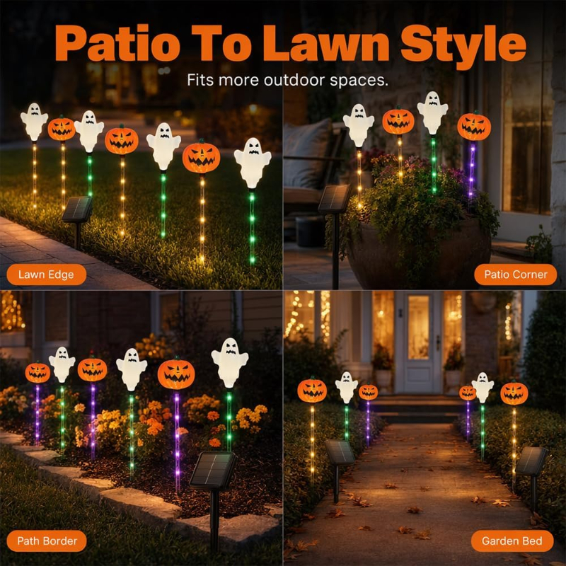 🔥Bestseller🔥 ｜ 6 Pack Solar Halloween Garden Stake Lights👻 8 Modes Pumpkin Ghost Witch Hat Lantern, Waterproof Solar Pathway Lights for Yard Lawn Porch Halloween Outdoor Decor