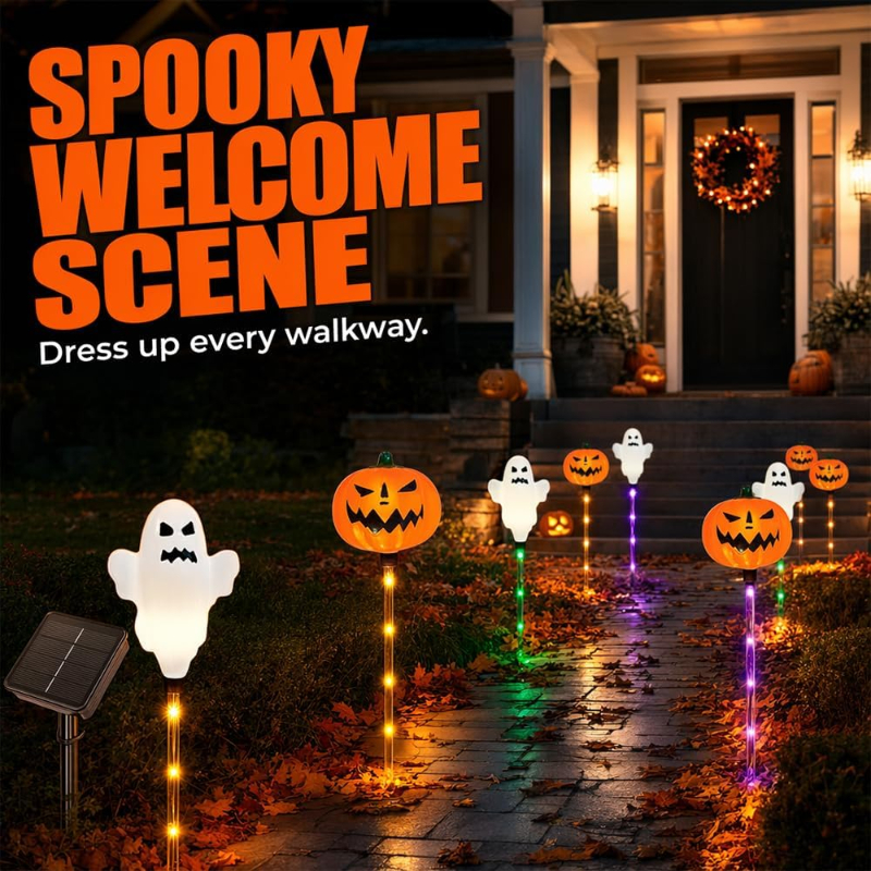 🔥Bestseller🔥 ｜ 6 Pack Solar Halloween Garden Stake Lights👻 8 Modes Pumpkin Ghost Witch Hat Lantern, Waterproof Solar Pathway Lights for Yard Lawn Porch Halloween Outdoor Decor