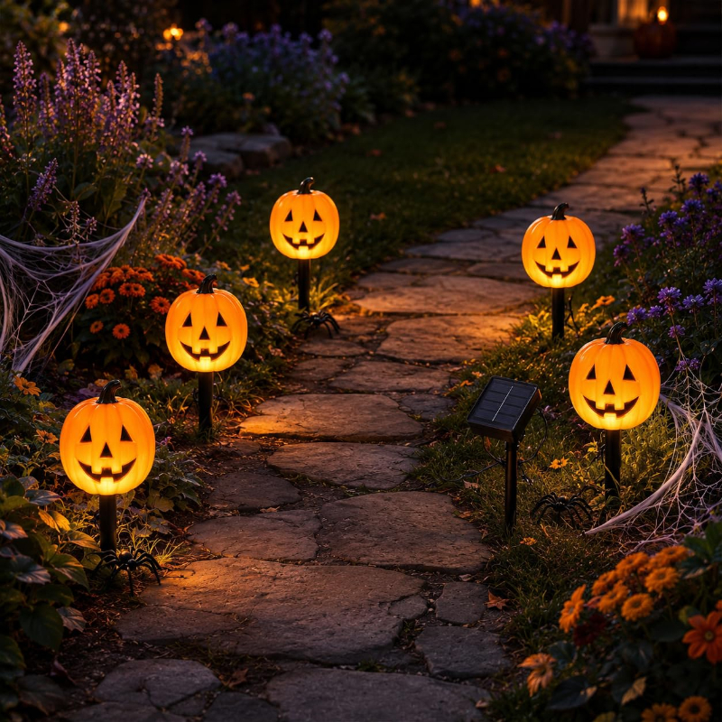 🔥Bestseller🔥 ｜ 6 Pack Solar Halloween Garden Stake Lights👻 8 Modes Pumpkin Ghost Witch Hat Lantern, Waterproof Solar Pathway Lights for Yard Lawn Porch Halloween Outdoor Decor