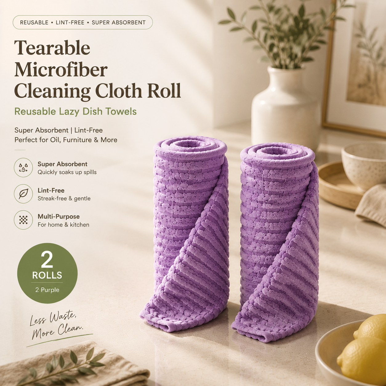 Tearable Microfiber Cleaning Cloth Roll, Reusable Lazy Dish Towels, Super Absorbent Lint‑Free Kitchen Rags for Oil & Furniture