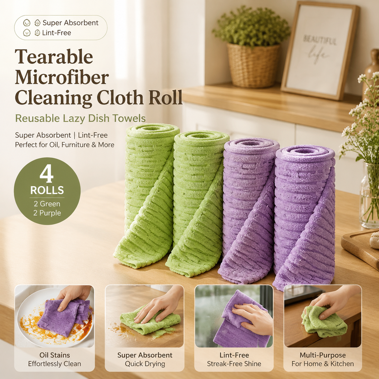 Tearable Microfiber Cleaning Cloth Roll, Reusable Lazy Dish Towels, Super Absorbent Lint‑Free Kitchen Rags for Oil & Furniture