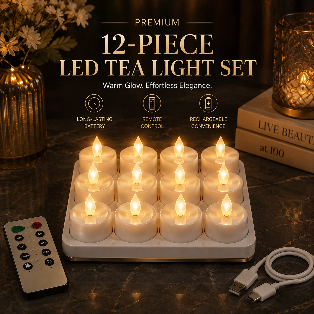 🕯12 Pack Rechargeable Flickering LED Tealight Candles with Charging Base, Remote & Timer | Safe Flameless Lights for Halloween Party Home Decor🕯️	
