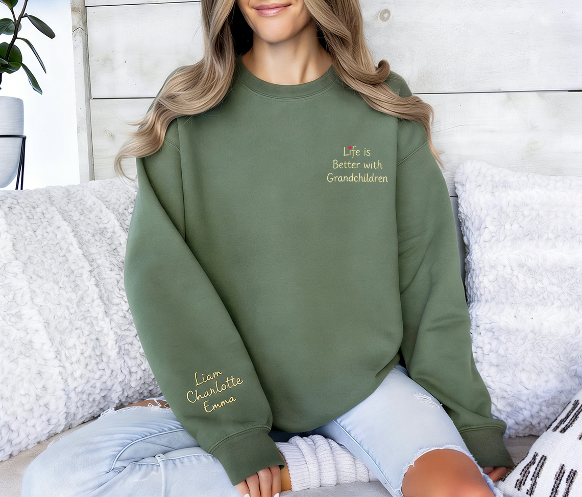 Custom Embroidered Sweatshirt with Name on Sleeve-Gift For Mom & Grandma Mother's Day Gift
