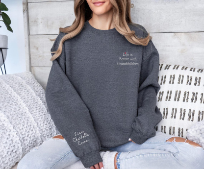 Custom Embroidered Sweatshirt with Name on Sleeve-Gift For Mom & Grandma Mother's Day Gift