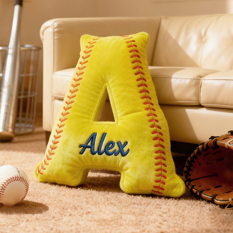 Personalized Softball Themed Letter Shaped Pillow With Custom Name