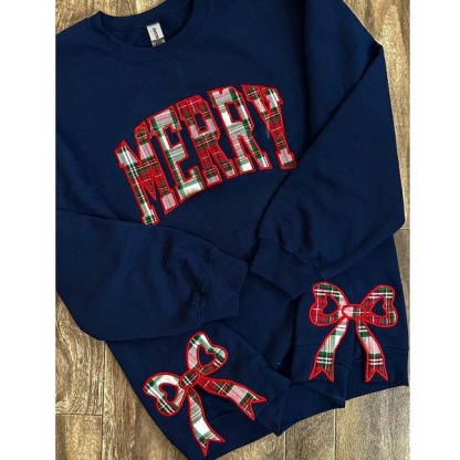 Trendy Merry Side Bow Cut-Out Sweatshirt - Cozy Plaid Christmas Pullover for Women