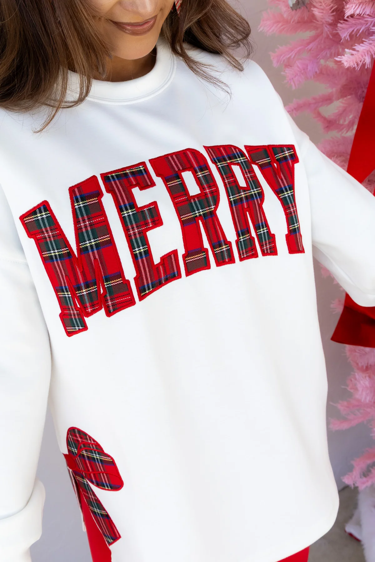 Trendy Merry Side Bow Cut-Out Sweatshirt - Cozy Plaid Christmas Pullover for Women