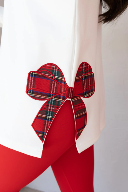 Trendy Merry Side Bow Cut-Out Sweatshirt - Cozy Plaid Christmas Pullover for Women