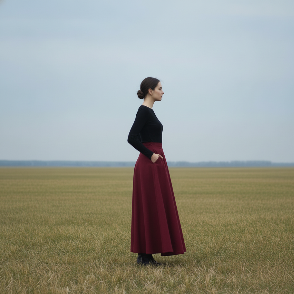 Stylish Burgundy High-Waist Pleated Skirt with Pockets for Women - Elegant Full-Length Fashionable Skirt for Casual or Formal Wear