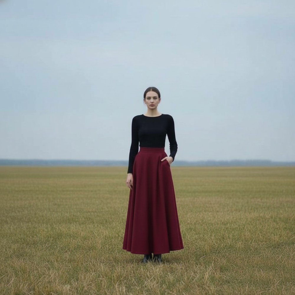 Stylish Burgundy High-Waist Pleated Skirt with Pockets for Women - Elegant Full-Length Fashionable Skirt for Casual or Formal Wear