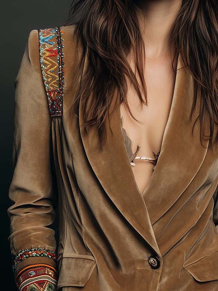Velvet Embroidered Blazer With Bohemian Detailing