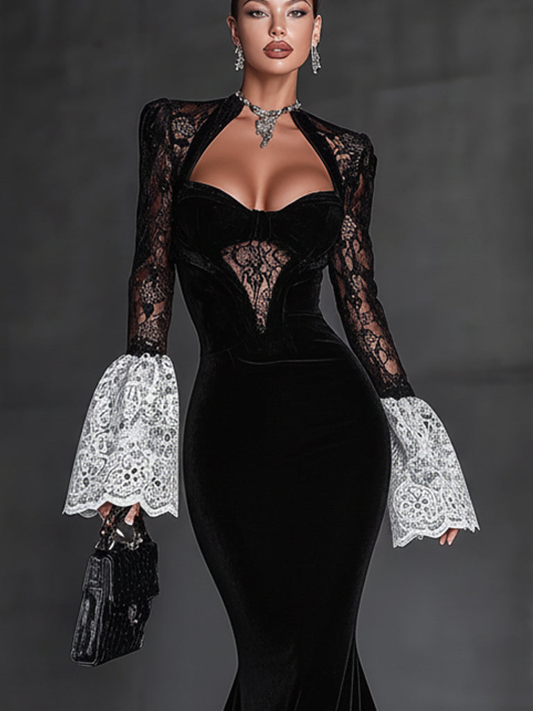 Black Velvet Lace Paneled Bell Sleeve Bodycon Dress