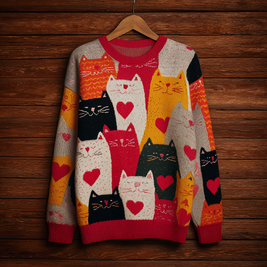 Valentine's Day Fun Cat Pattern Women's Round Neck Knit Sweater