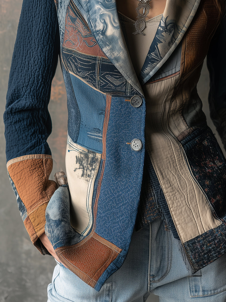Nomadic Bohemian Style Retro Graphic Patchwork Lapel Blazer