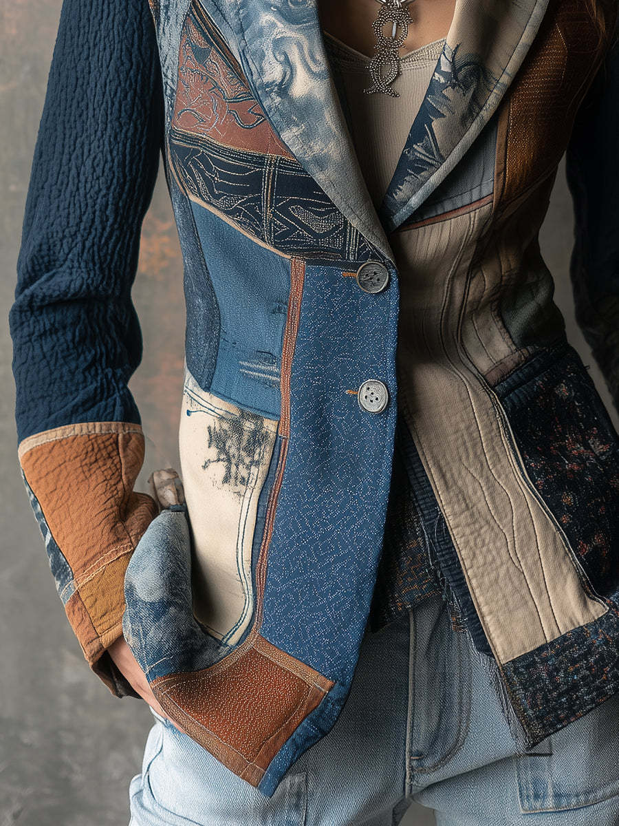 Nomadic Bohemian Style Retro Graphic Patchwork Lapel Blazer
