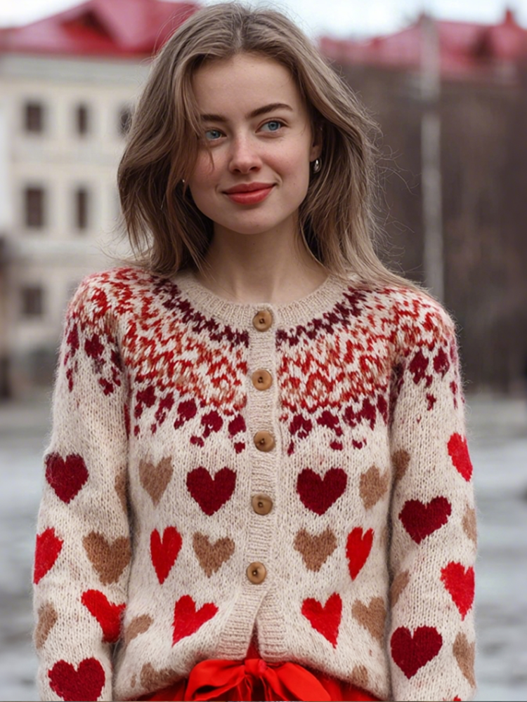 Valentine's Day Love Heart Pattern Women's Sweater Coat