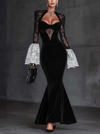 Black Velvet Lace Paneled Bell Sleeve Bodycon Dress