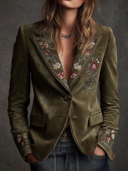 Olive Green Velvet Blazer With Intricate Floral Embroidery