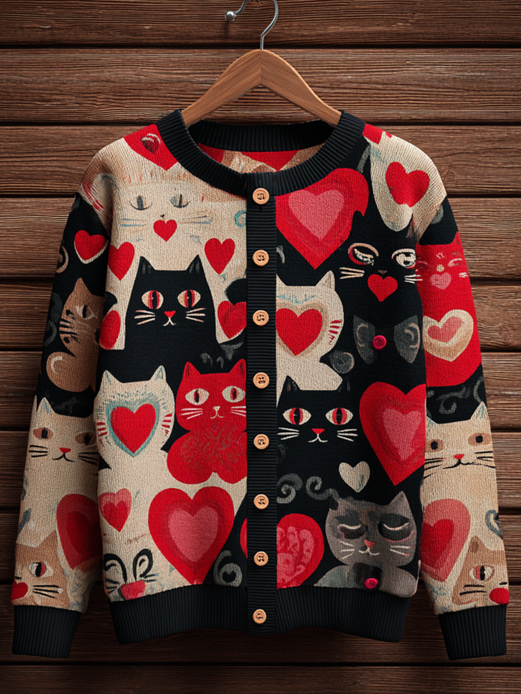 Valentine's Day Fun Cat Pattern Women's Round Neck Knit Sweater Coat
