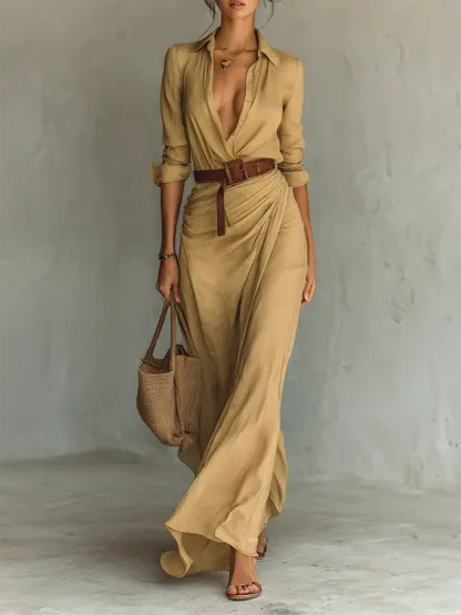 Ladies Lapel Single Breasted Long Sleeve Belted Maxi Dress