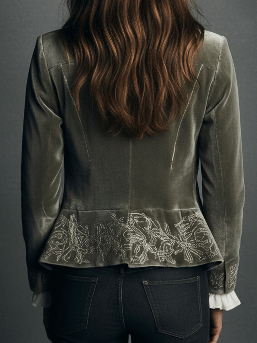 Vintage Grey-Green Velvet Embroidered Cropped Jacket